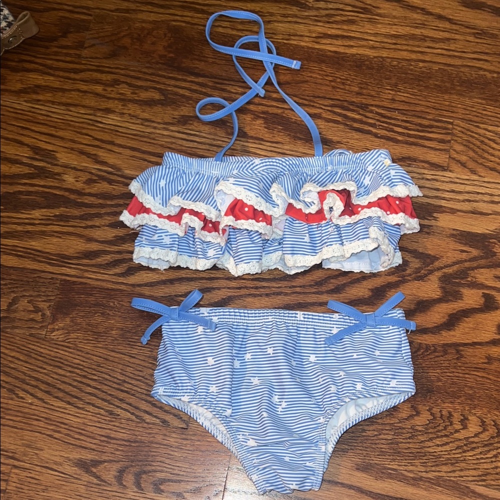SweetHoney Striped Blue and Red Ruffle Bikini